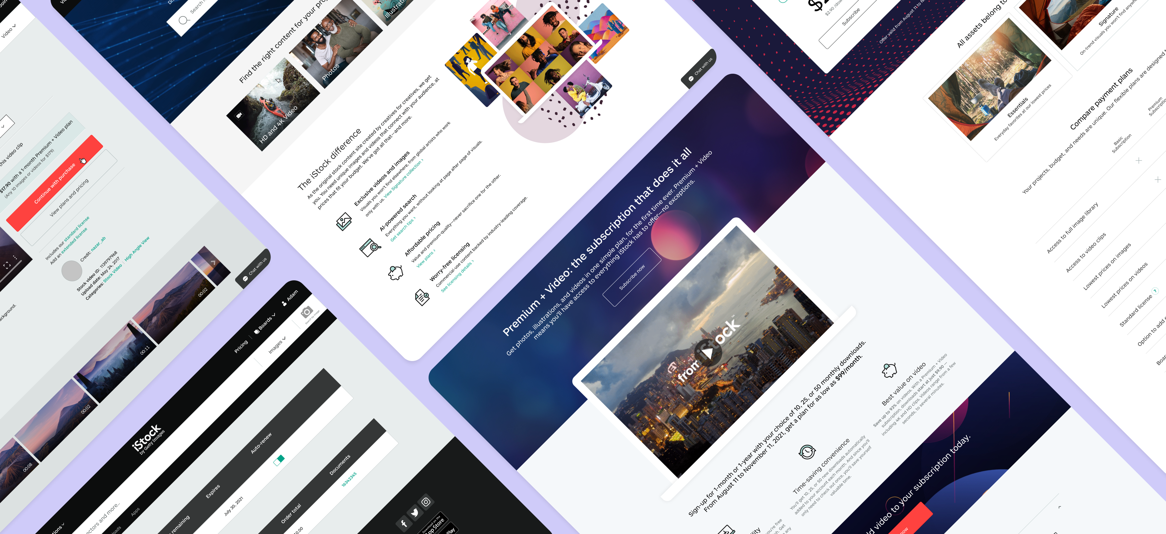 iStock Premium + Video subscription UI showing plan comparison and checkout flow