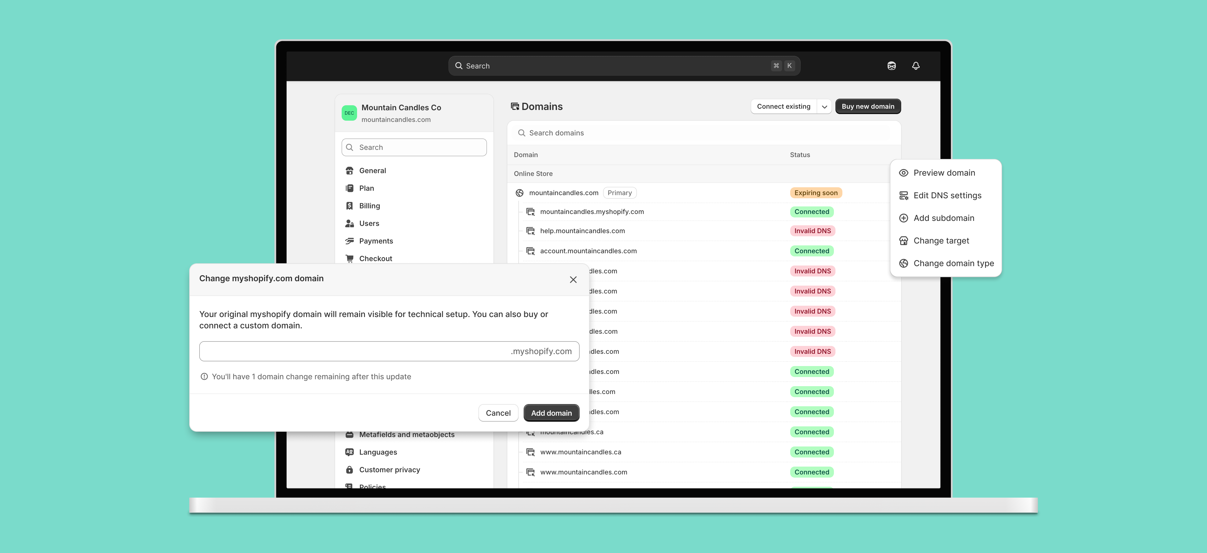 Shopify domain index page showing redesigned hierarchy and quick actions