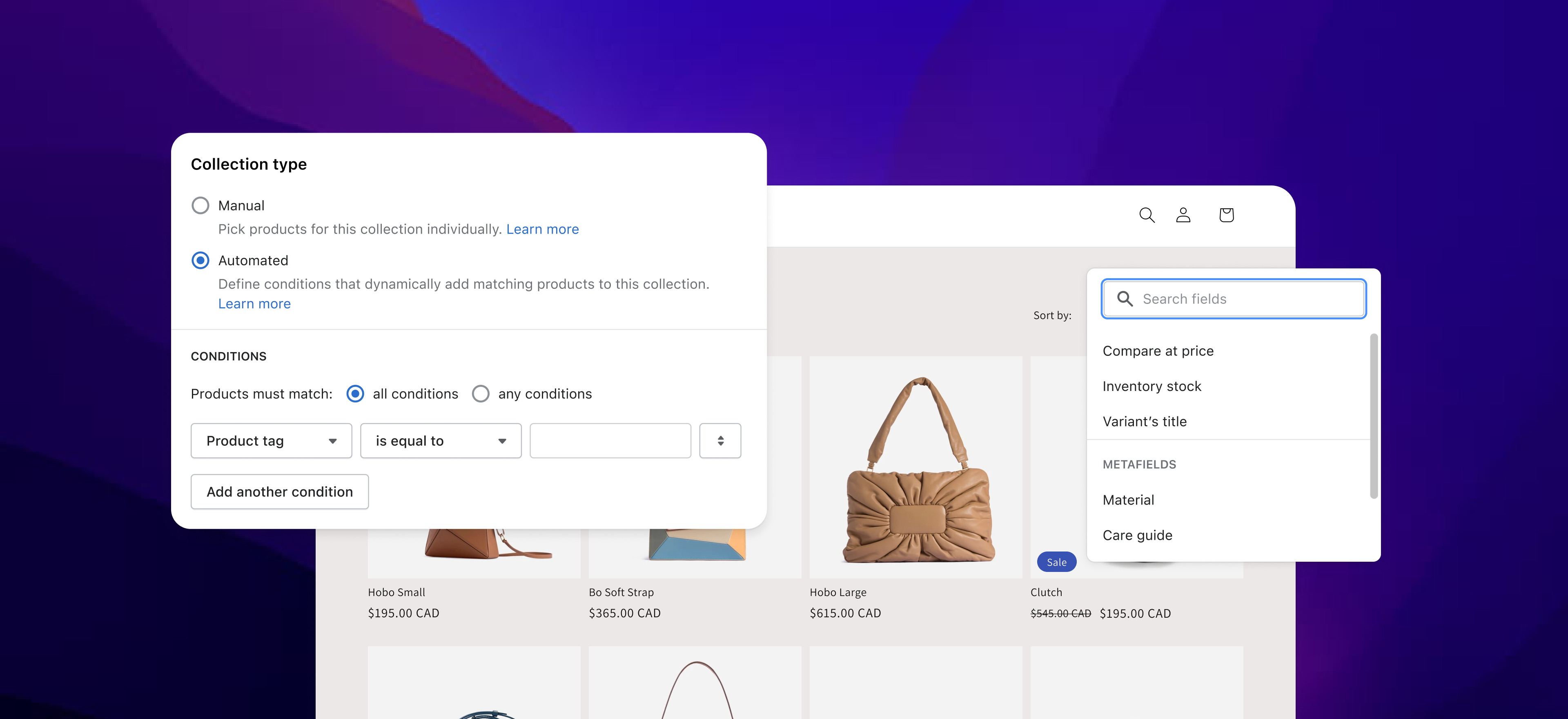 Shopify automated collections UI showing metafield condition selector