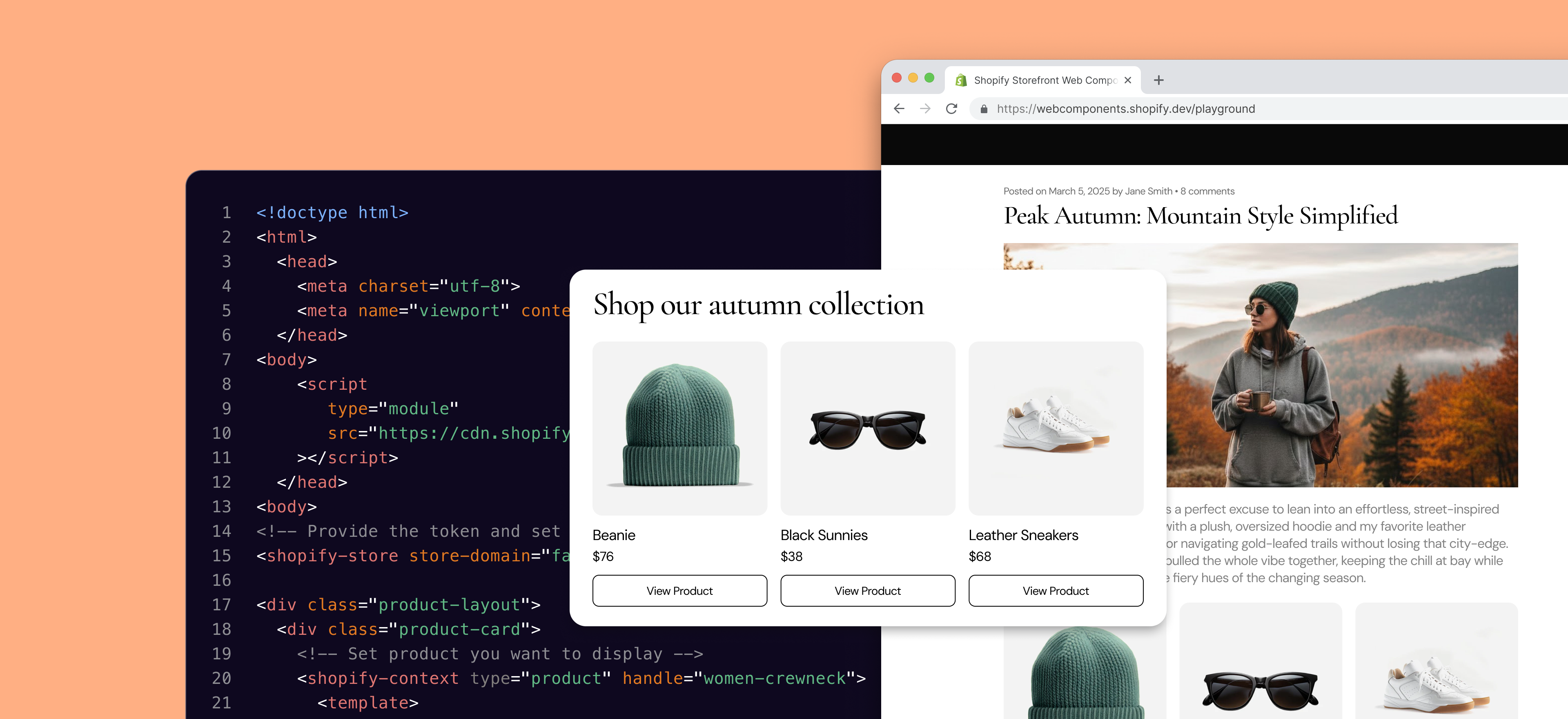 Shopify storefront web components library showing component playground and embed examples