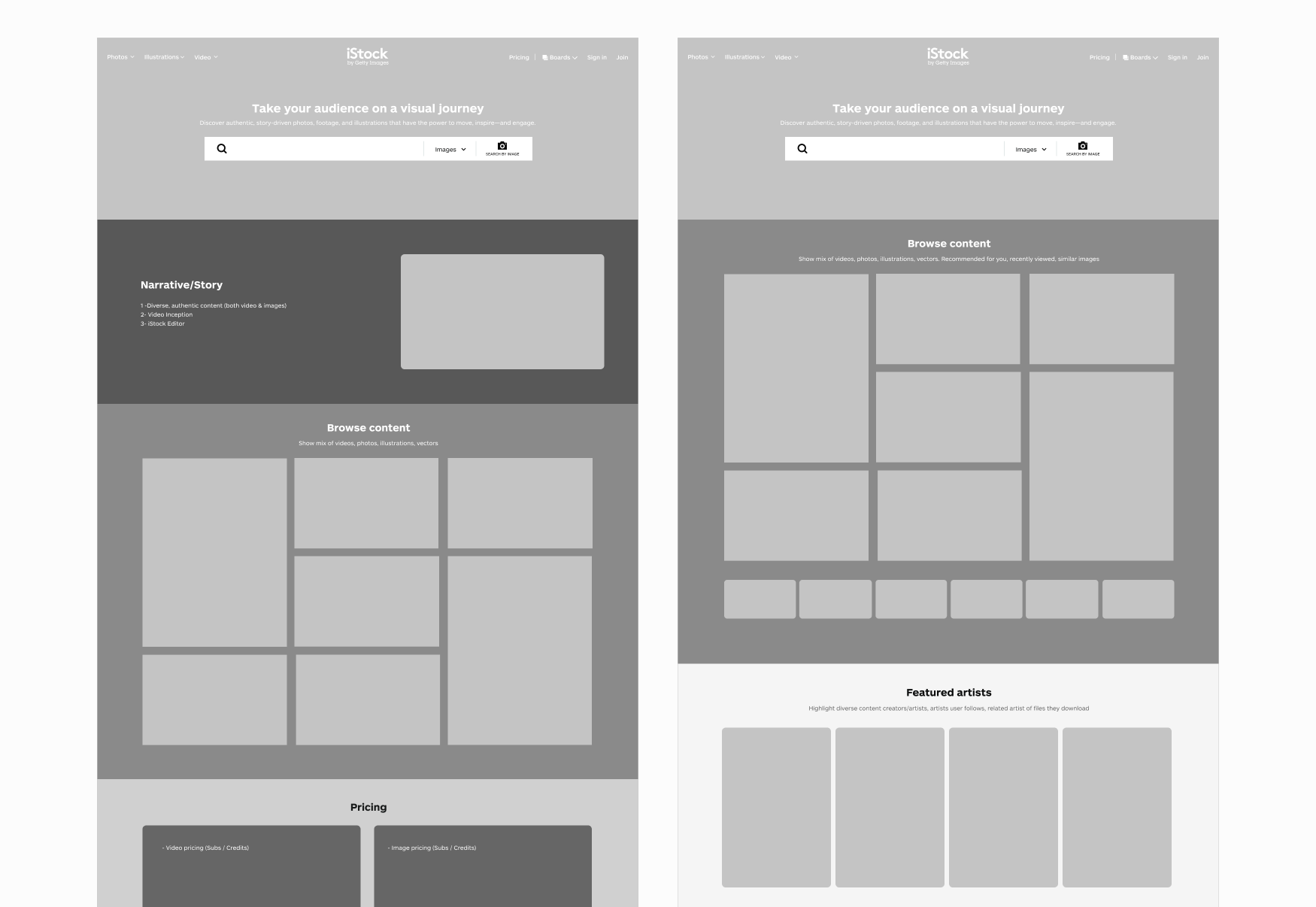 Wireframes exploring a reworked homepage hierarchy with video given more prominence