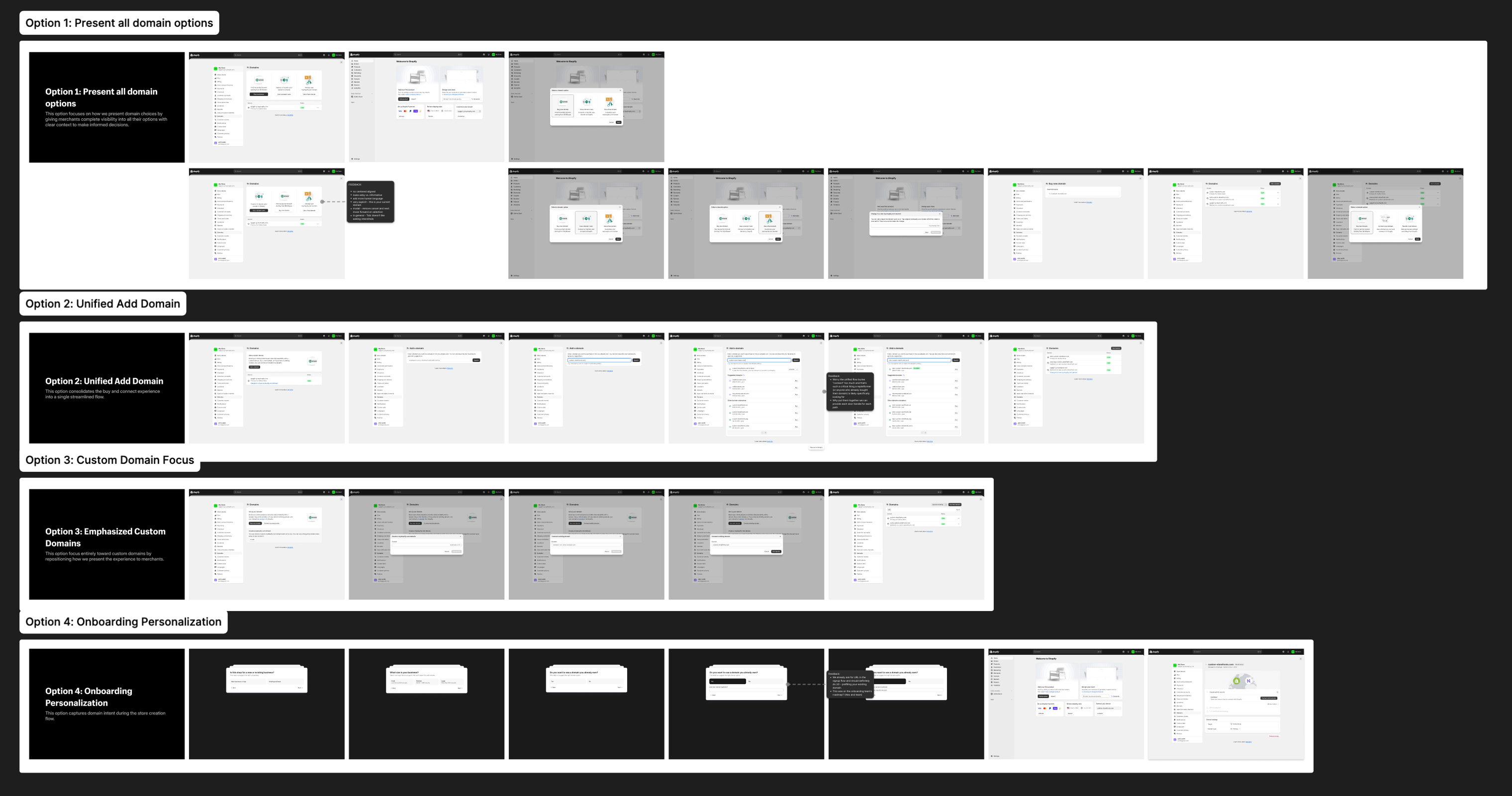 Work-in-progress board of early domain onboarding explorations: the current flow and four options, from presenting all domain options to onboarding personalization