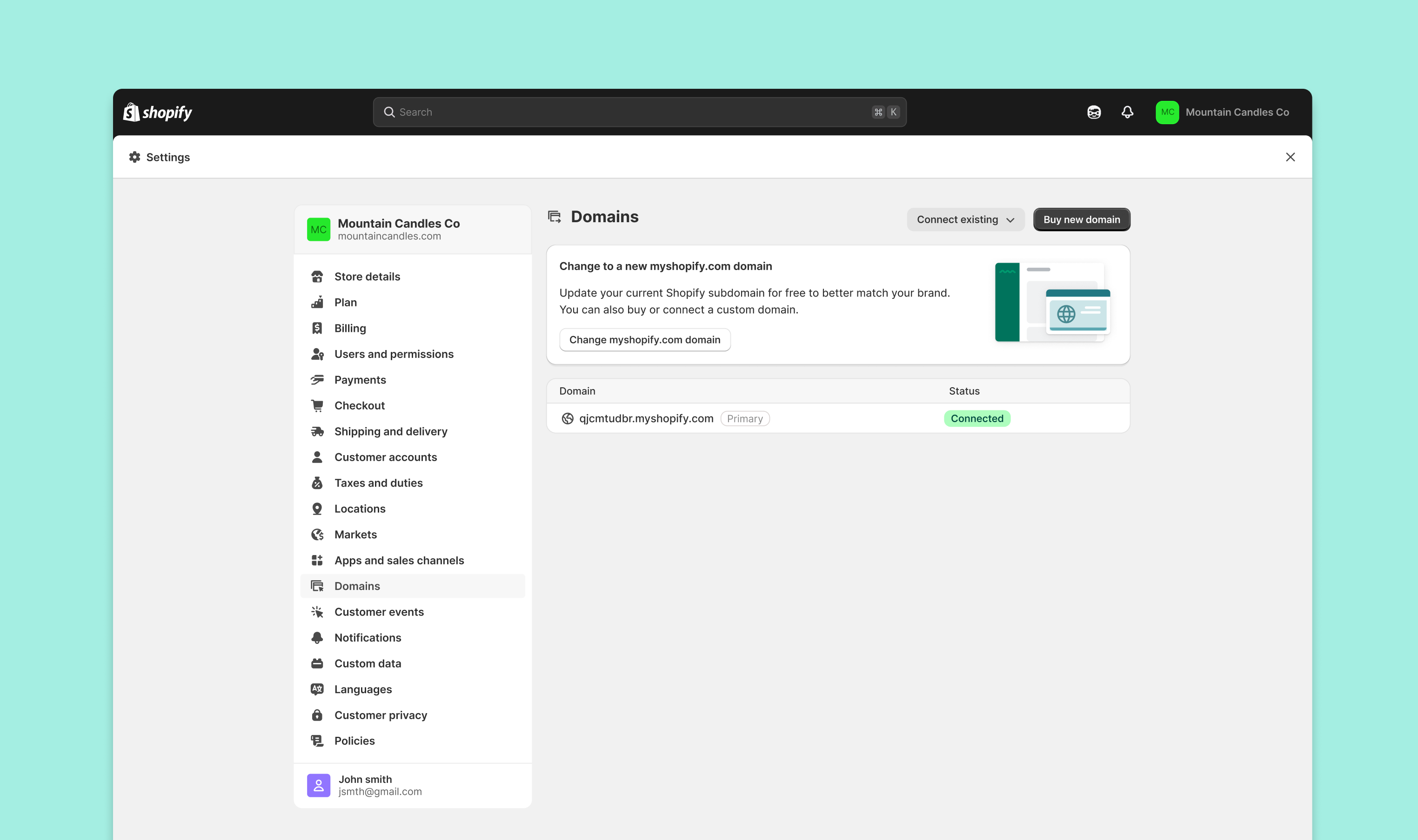 Shopify Domains settings page for a new merchant showing a single connected domain with options to connect existing or buy a new domain