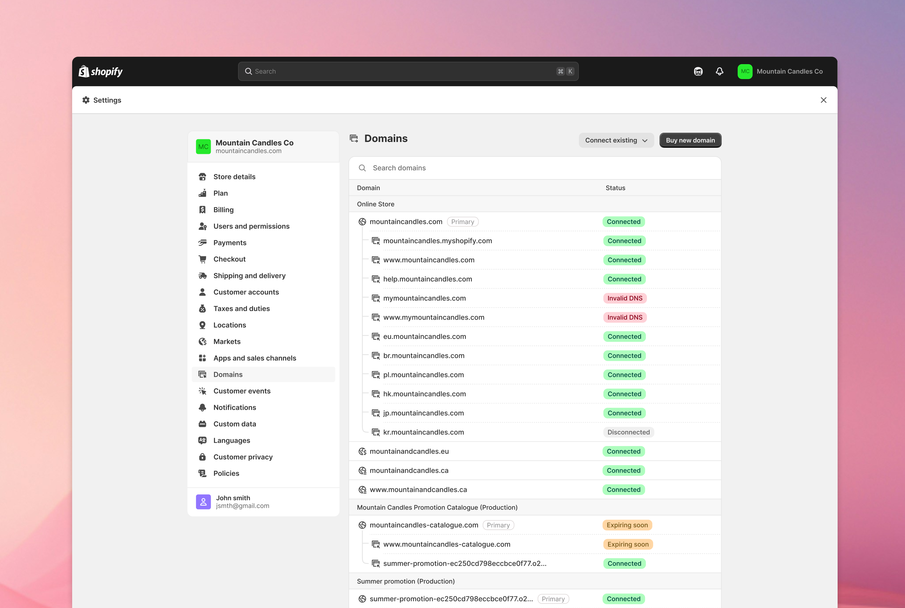 Shopify Domains index for a merchant with many domains, showing a searchable list grouped by store with Connected, Expiring soon, and Invalid DNS status badges