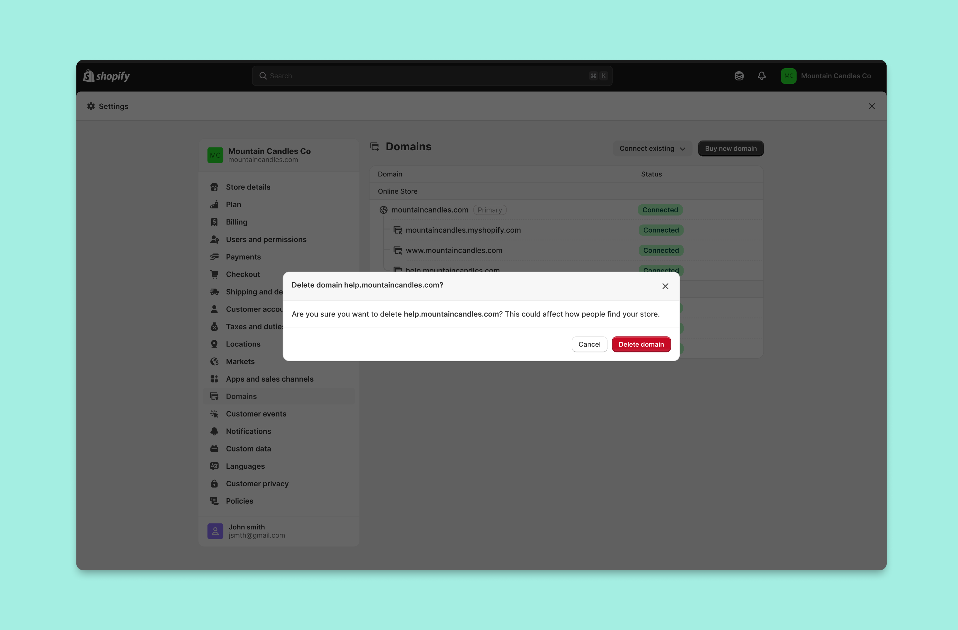 Shopify modal for deleting a domain from the domain index page