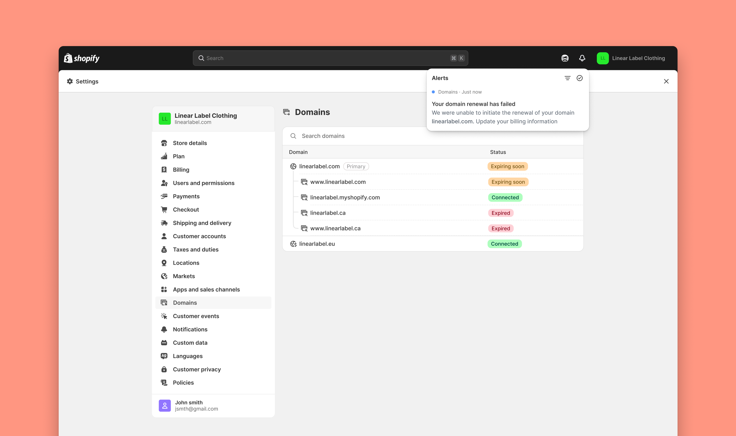 Shopify domain renewals UI showing renewal status, self-serve checkout flow, and domain lifecycle state management