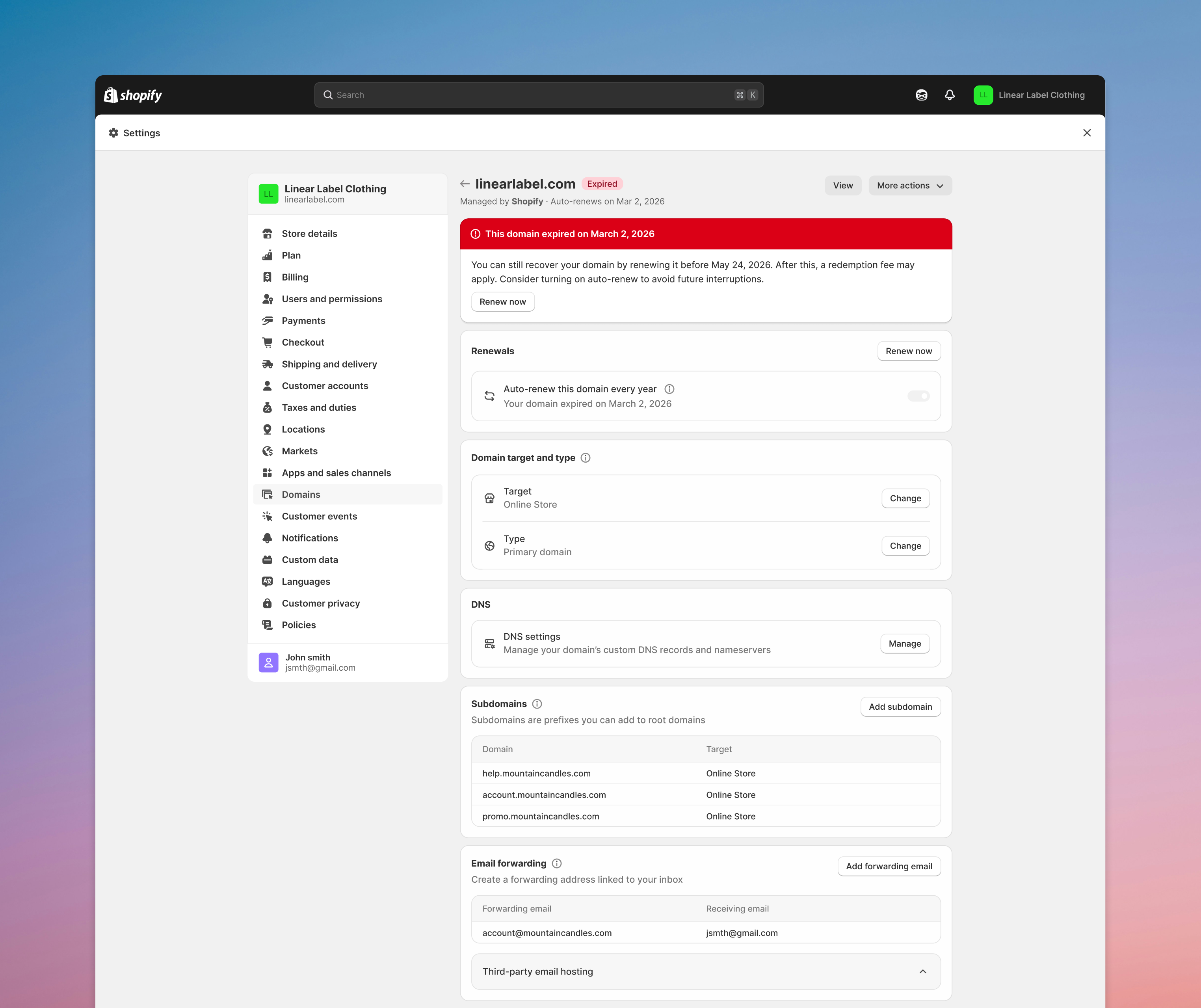 Shopify domain detail page showing an expired domain alert with a prominent Renew now CTA, auto-renewal toggle, DNS settings, and subdomains list