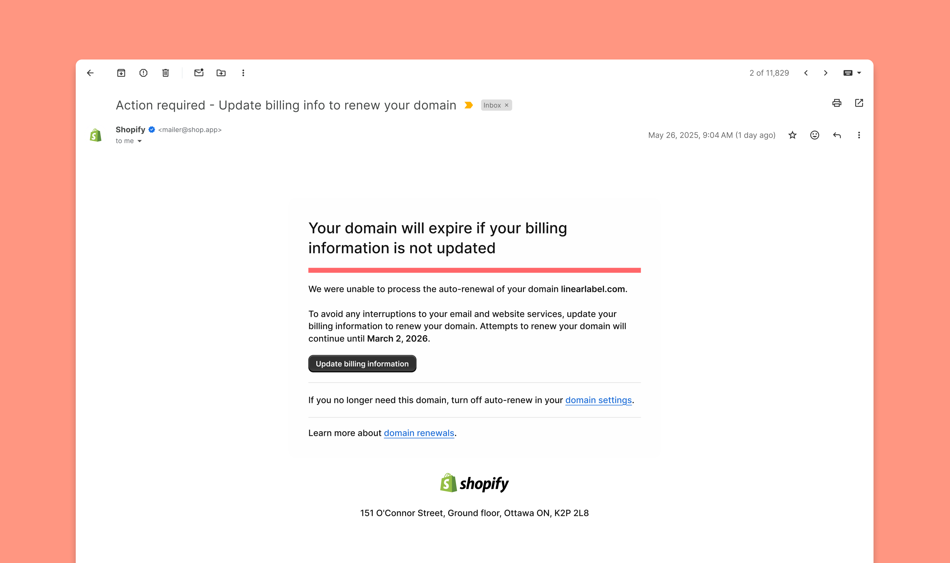 Shopify self-serve domain auto-renew billing failure email with action required to update billing information so domain does not expire