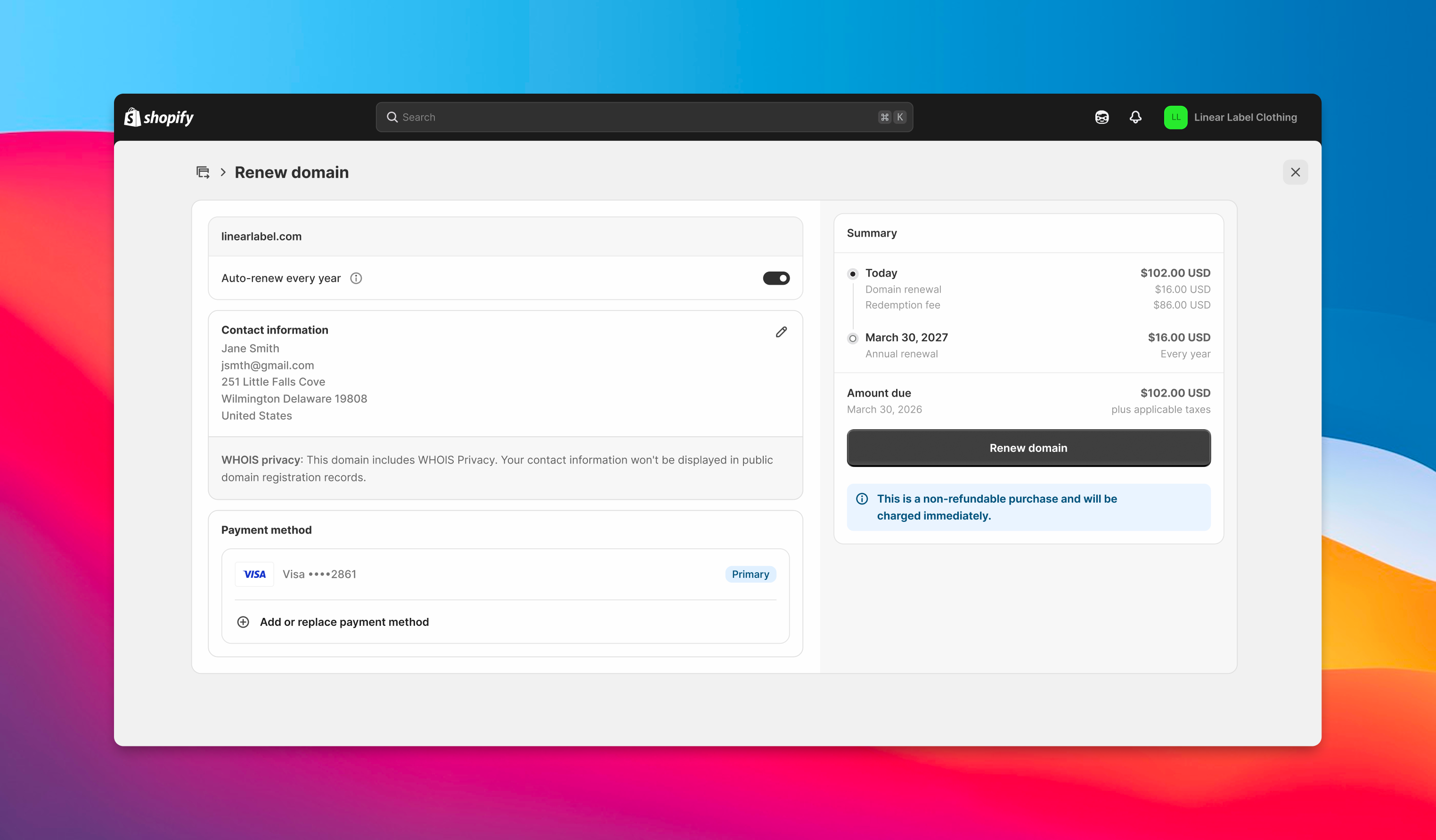 Shopify self-serve domain renewal checkout showing contact information, payment method, order summary with today and annual renewal costs, and a Renew domain CTA