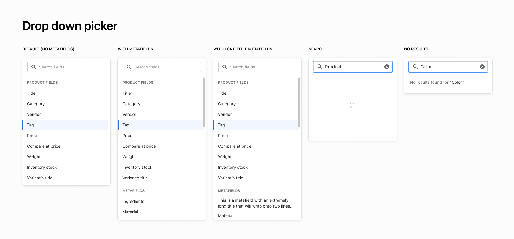 Custom condition dropdown in the automated collection builder, with search and a labelled Metafields section below the standard product fields
