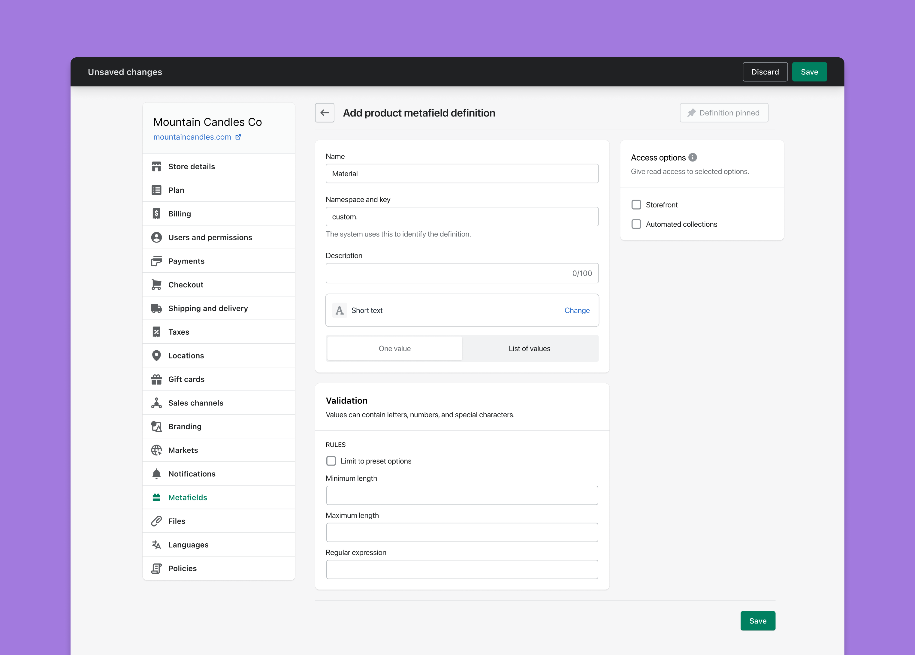 Shopify Product Metafield definition with automatic collection option