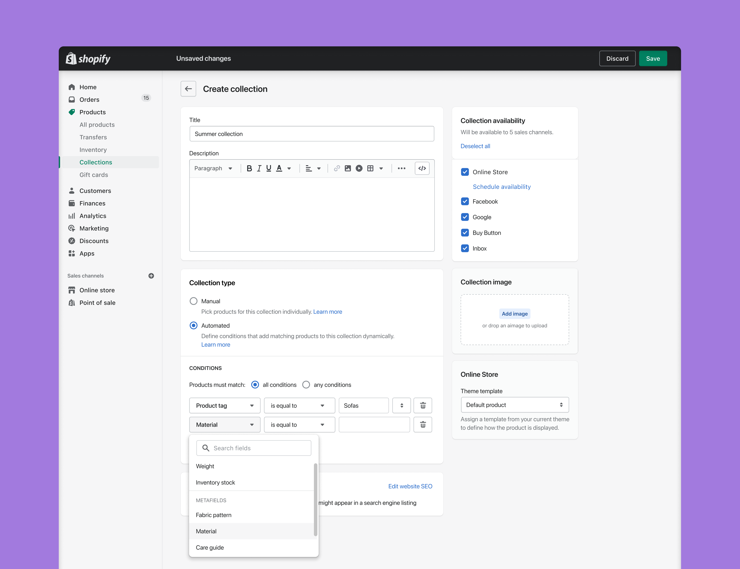 Shopify automated collection condition selector showing metafield types grouped separately from standard product fields