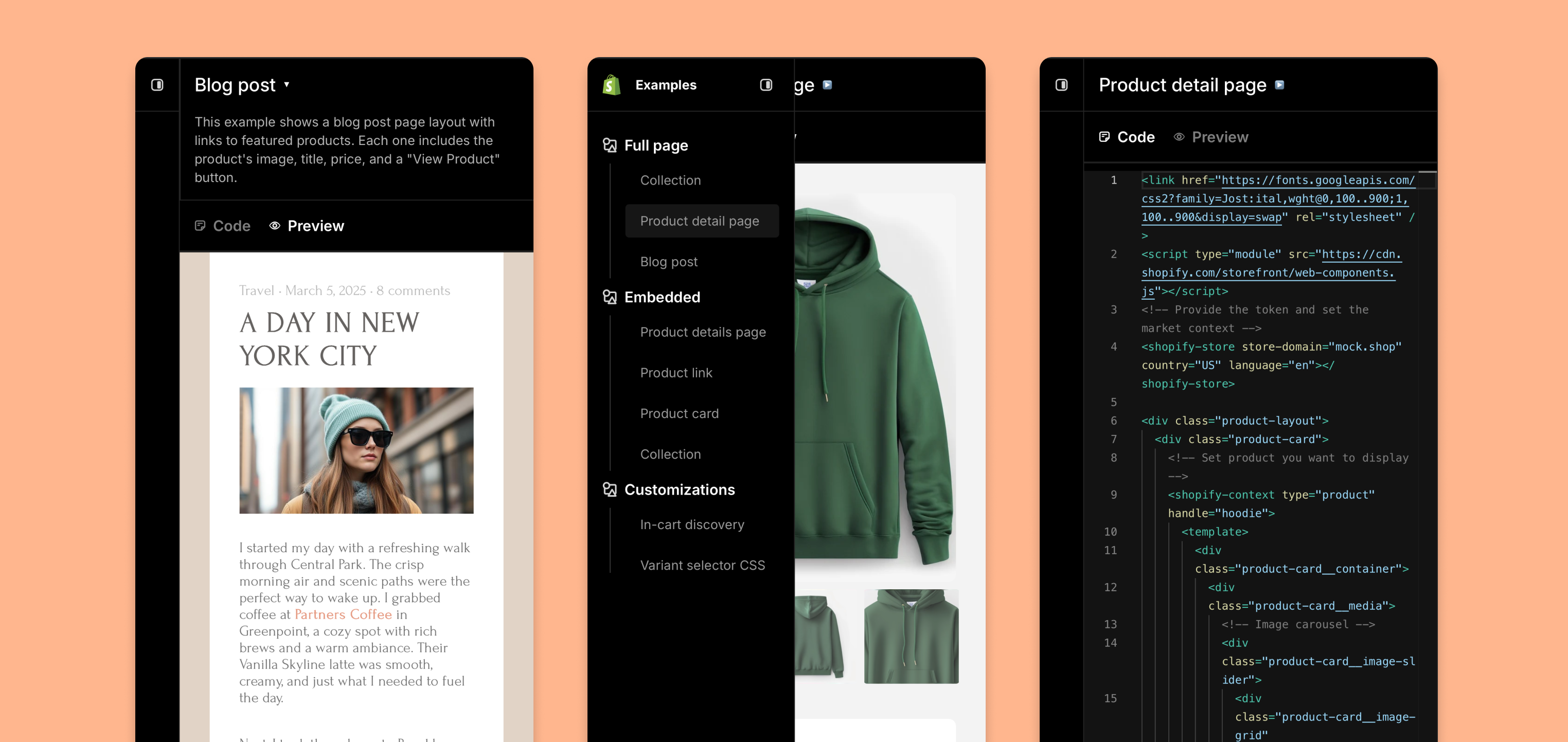 Shopify Storefront Web Components mobile view of the playground with code and preview