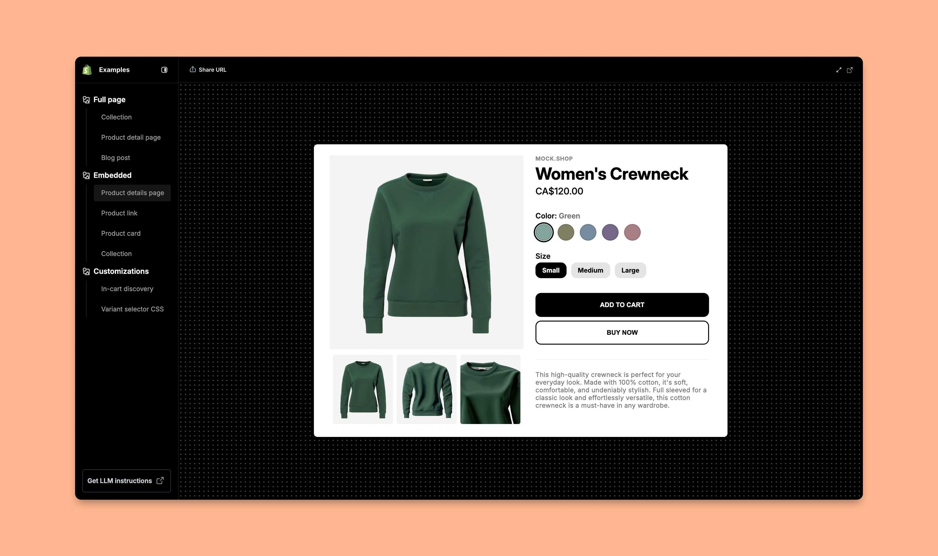Shopify Storefront Web Components playground showing a live code editor with a product card component and real-time preview