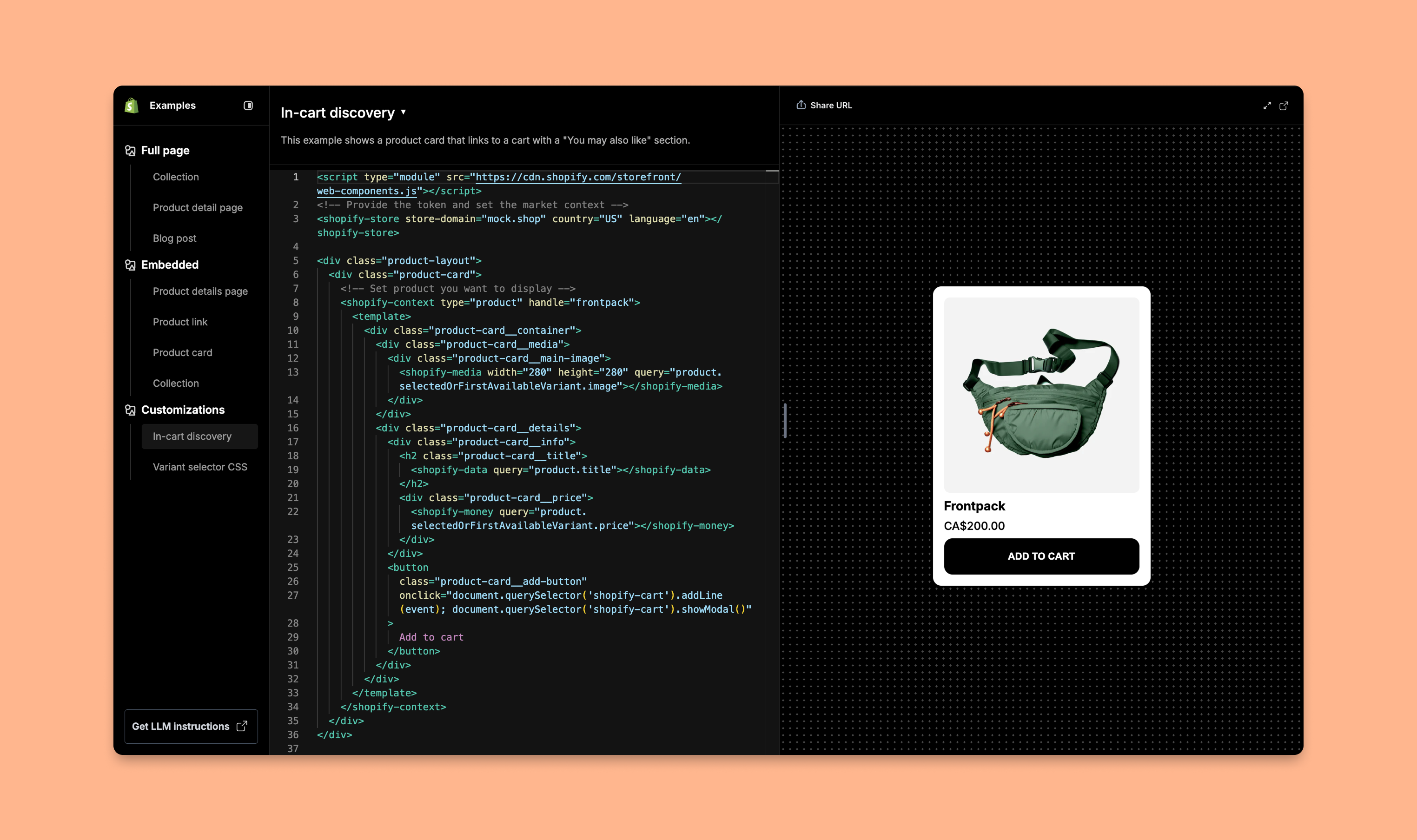 Shopify Storefront Web Components additional template example with code view