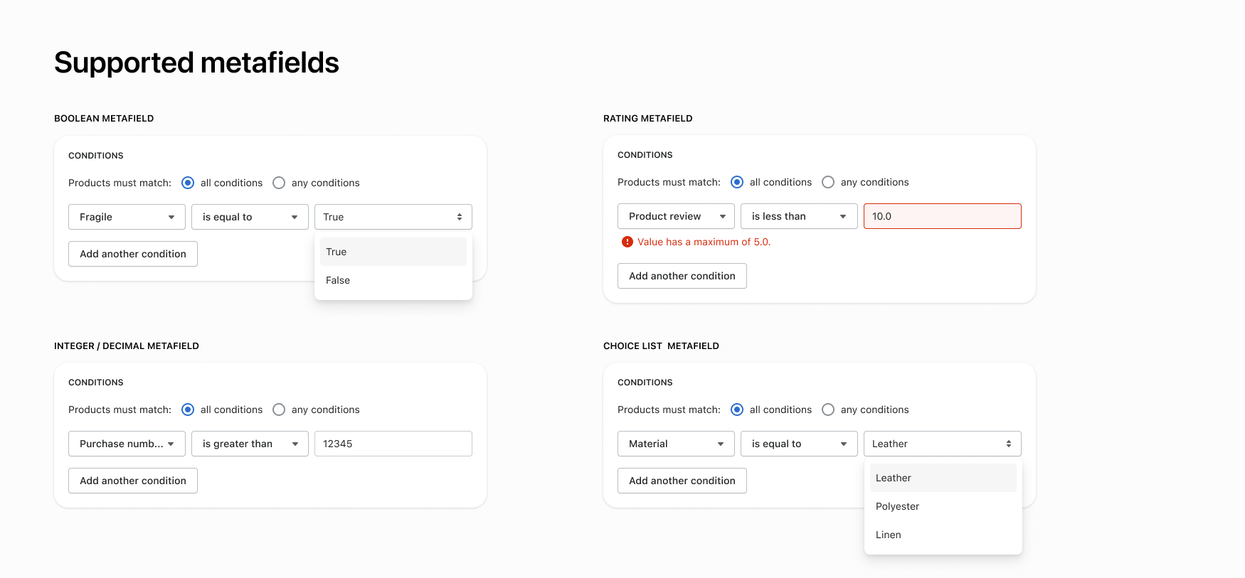 Examples of Supported Metafield types for conditions the standard product fields