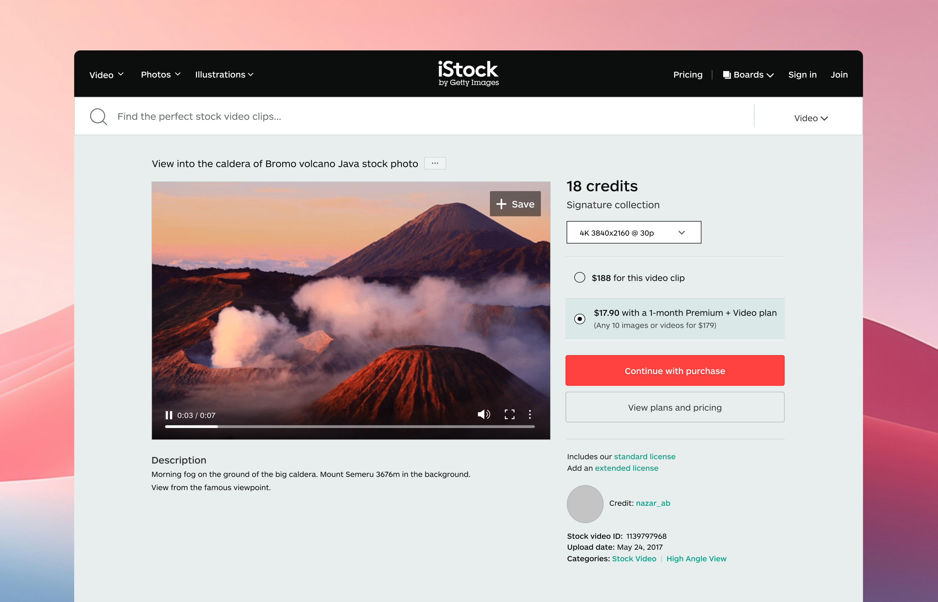 iStock asset detail page showing a Premium + Video subscription upsell alongside the standard credit purchase option