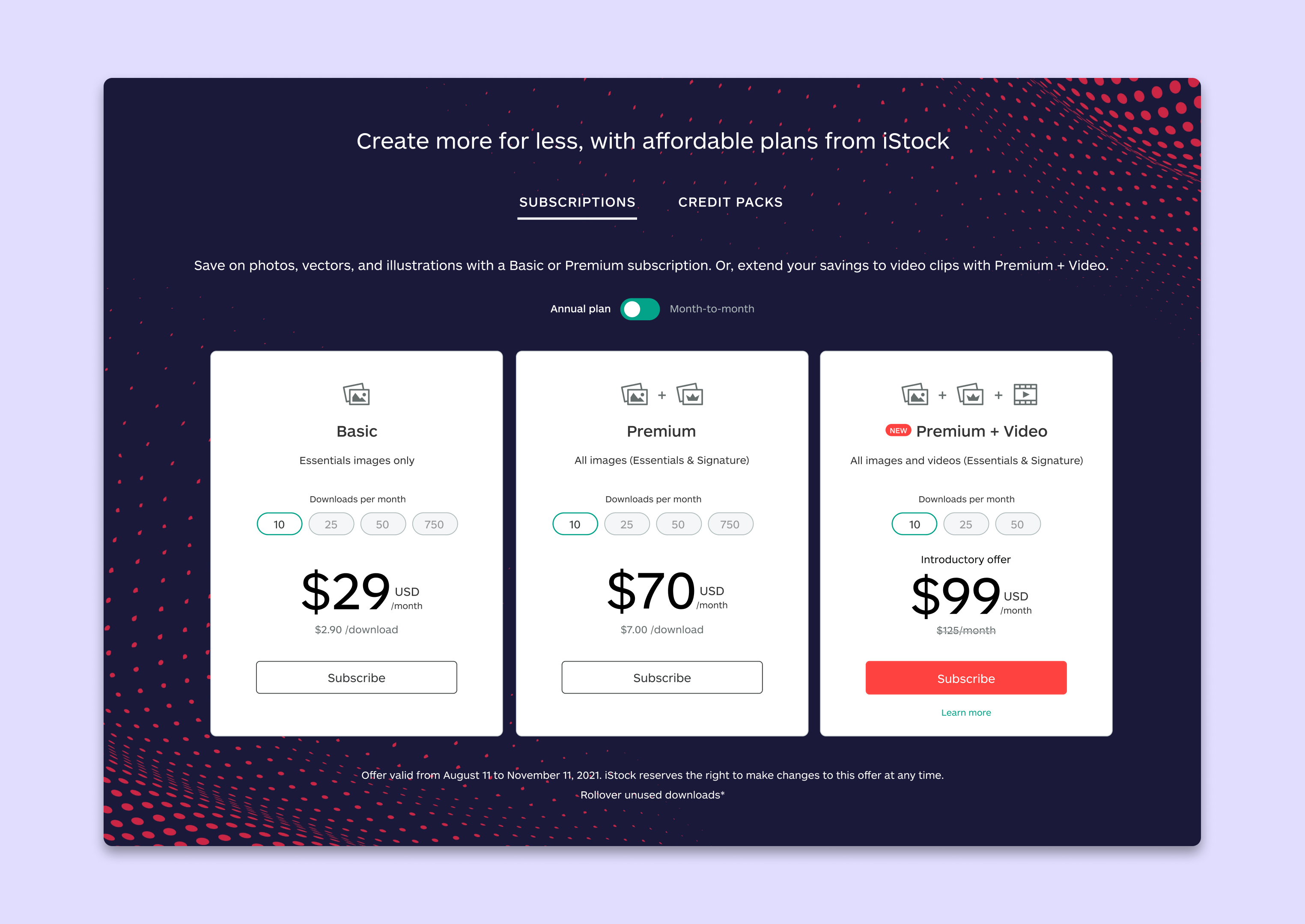 iStock subscription plan comparison page showing Basic, Premium, and Premium + Video tiers at introductory pricing
