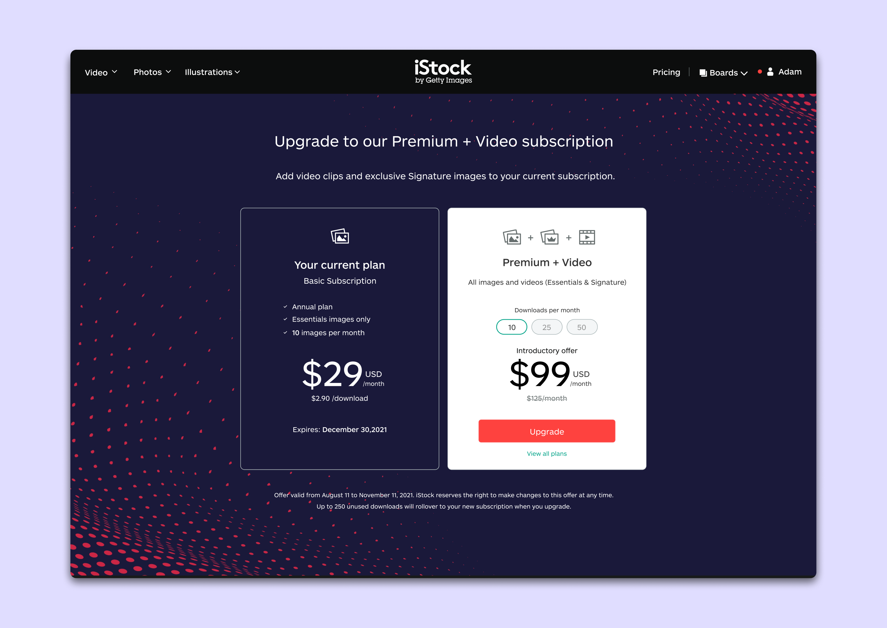 iStock upgrade prompt for existing Basic subscribers showing side-by-side plan comparison with Premium + Video